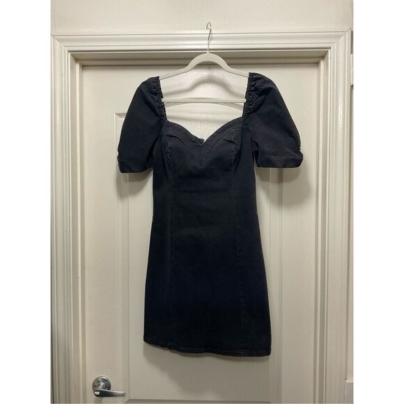 Never Worn - Urban Outfitters Black Mini Denim Puff Sleeved Sweetheart Dress (Si - Picture 3 of 6